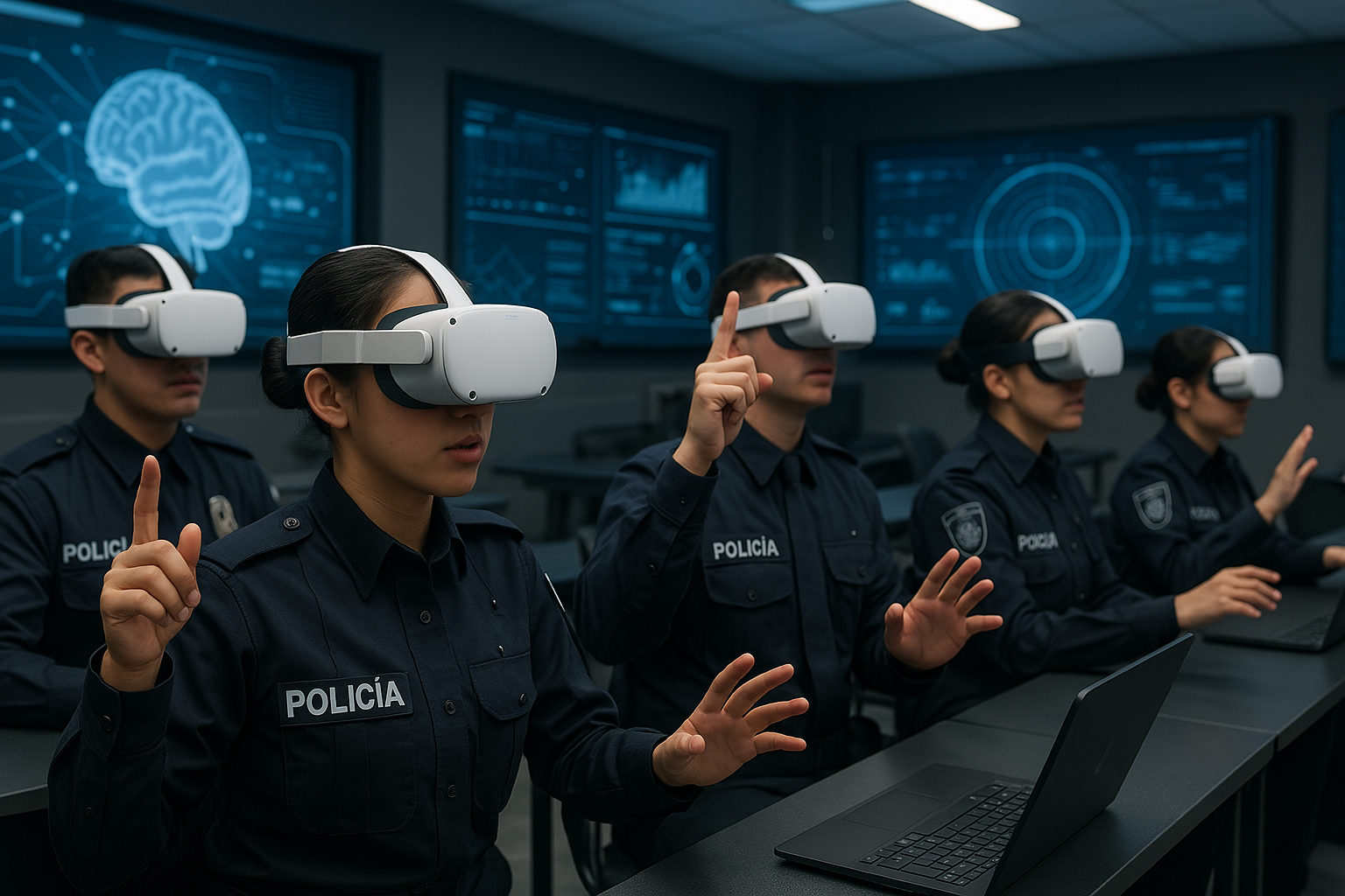 Cadetes utilizando tecnología de realidad virtual en su formación